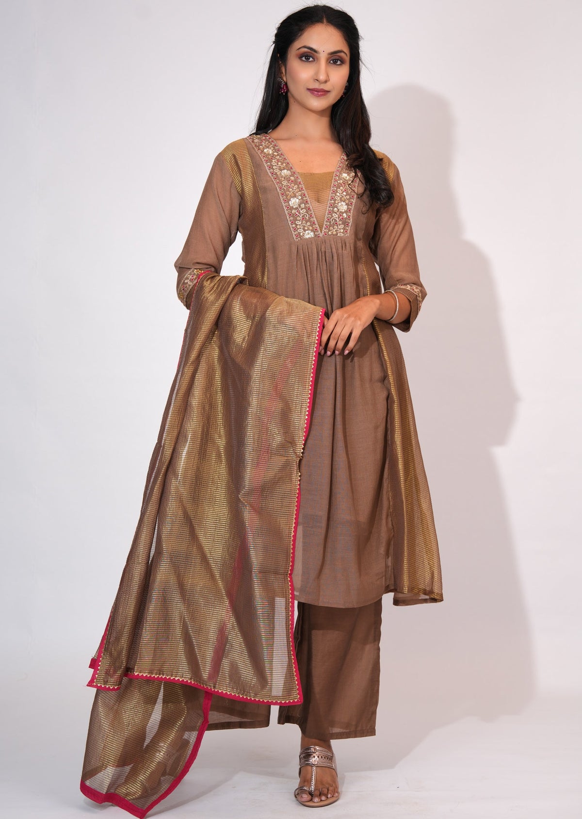 Brown Mul Chanderi Anarkali suit