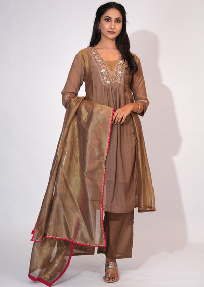 Brown Mul Chanderi Anarkali suit