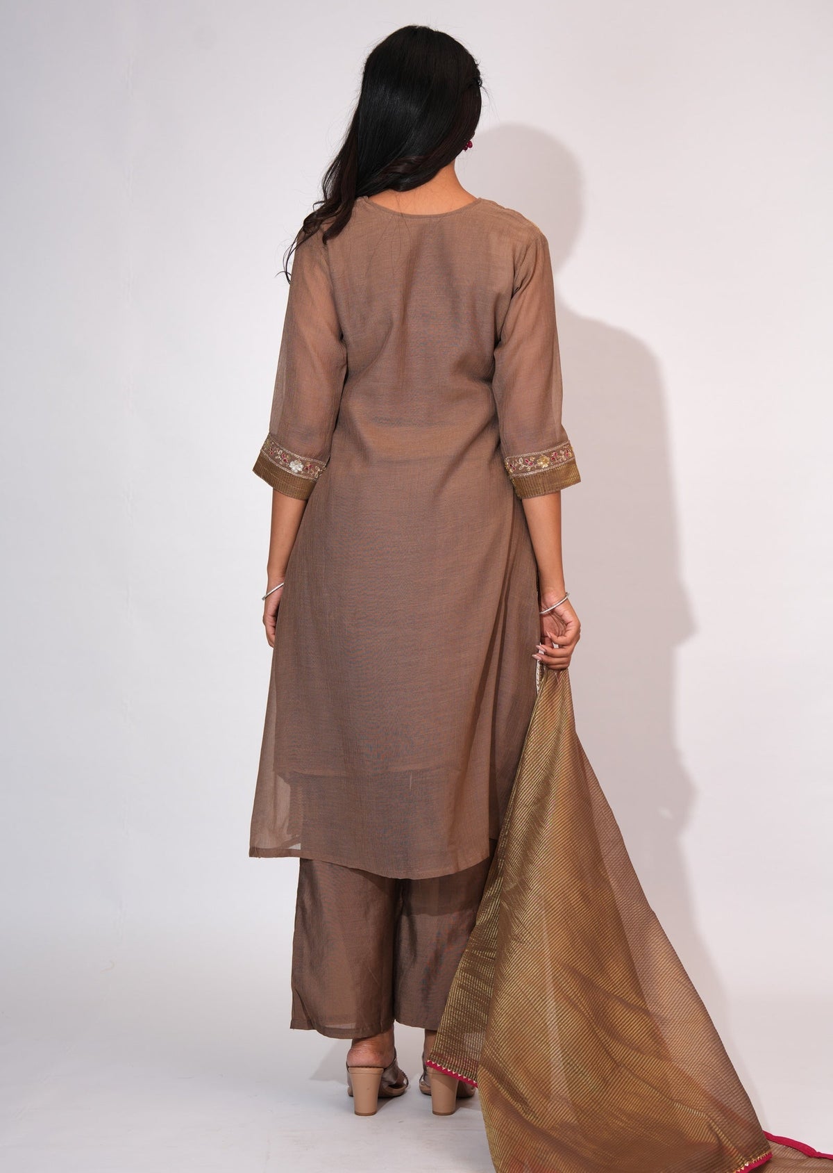 Brown Mul Chanderi Anarkali suit