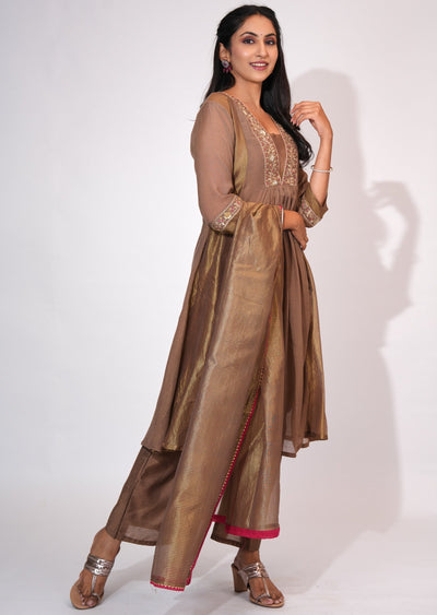 Brown Mul Chanderi Anarkali suit