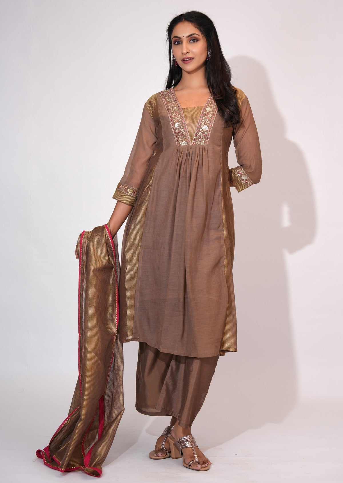 Brown Mul Chanderi Anarkali suit