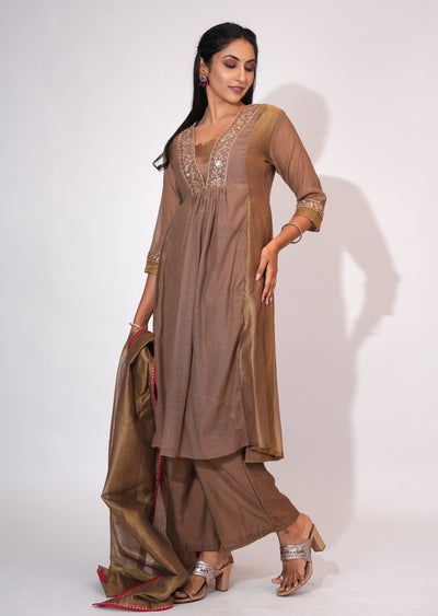 Brown Mul Chanderi Anarkali suit