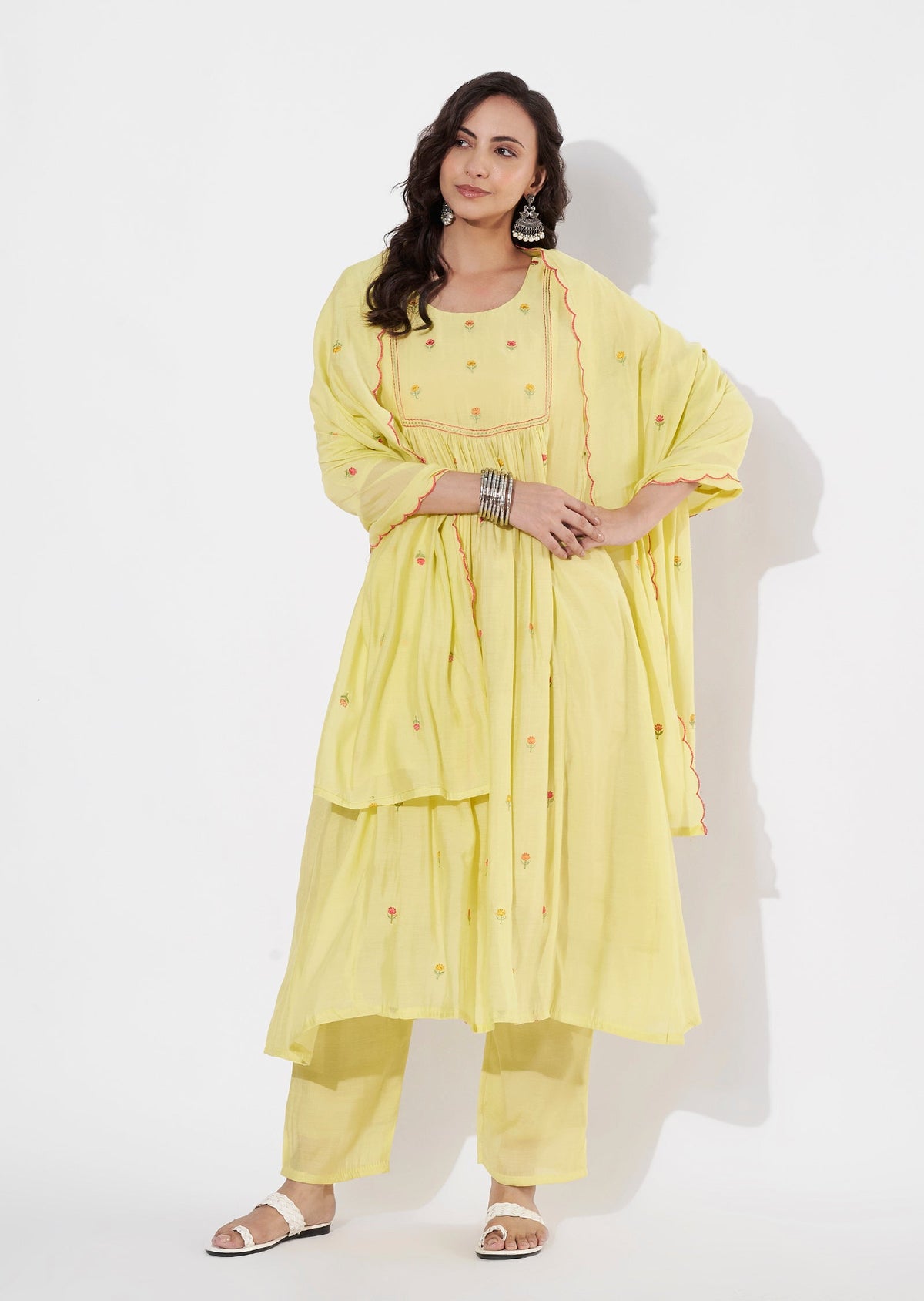 Yellow Mul Chanderi Anarkali suit