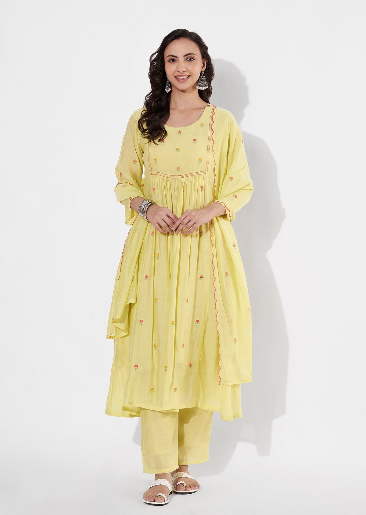 Yellow Mul Chanderi Anarkali suit