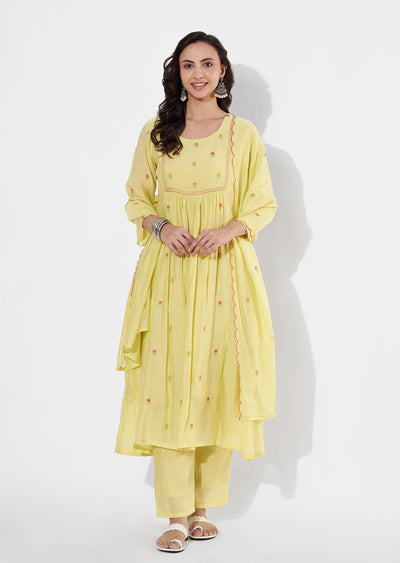 Yellow Mul Chanderi Anarkali suit