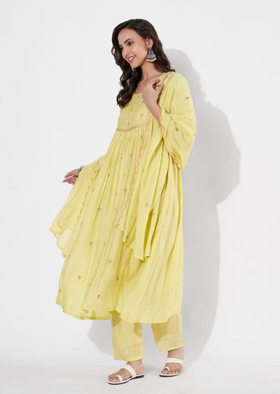 Yellow Mul Chanderi Anarkali suit