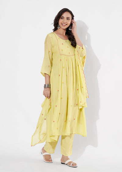 Yellow Mul Chanderi Anarkali suit