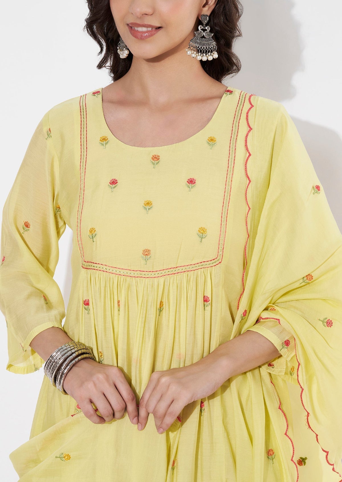 Yellow Mul Chanderi Anarkali suit