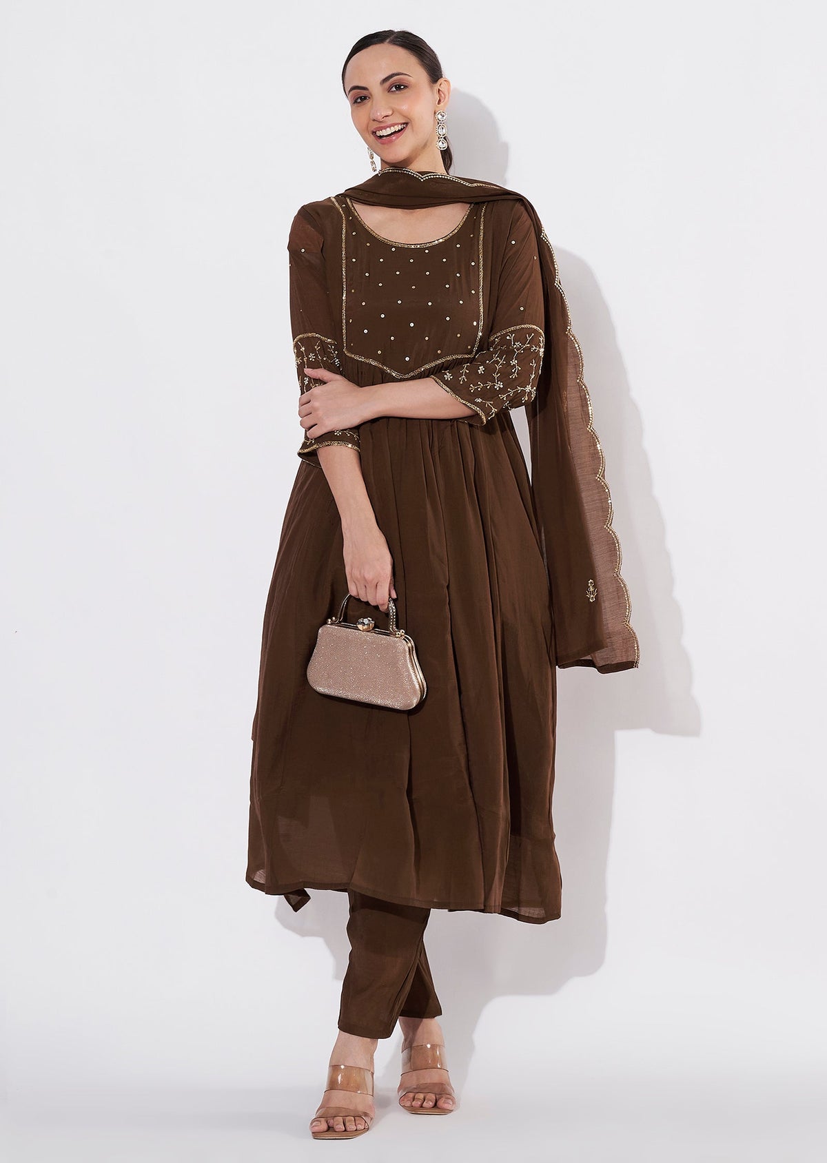 Brown Mul Chanderi Anarkali suit