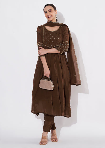 Brown Mul Chanderi Anarkali suit