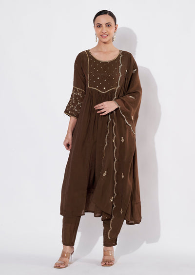 Brown Mul Chanderi Anarkali suit