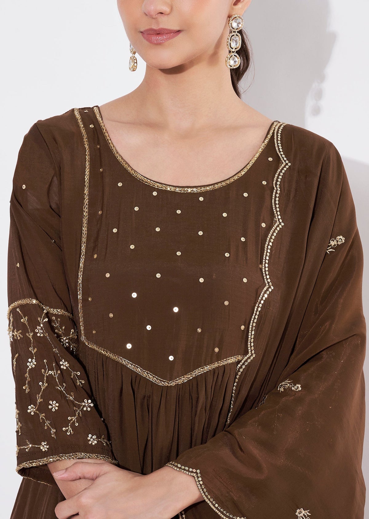 Brown Mul Chanderi Anarkali suit