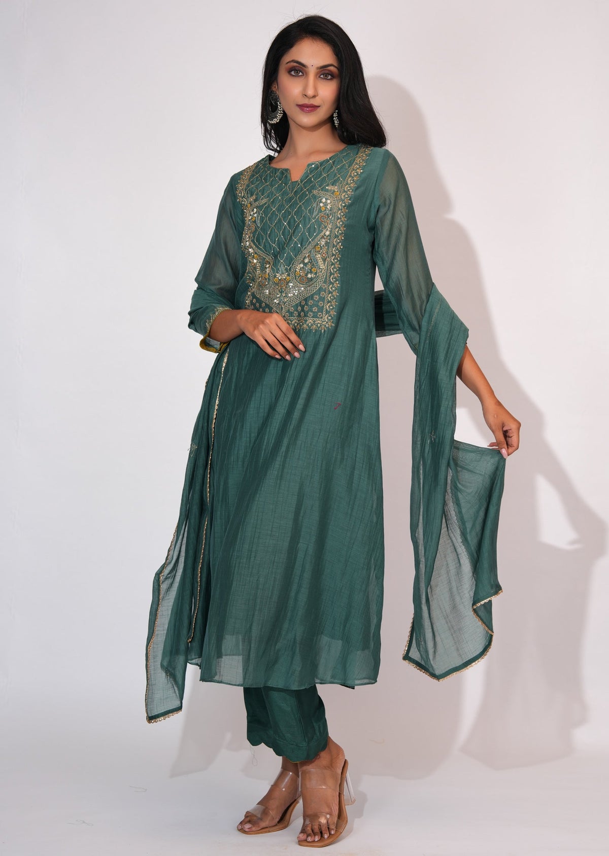 Dusty Green Mul Chanderi Anarkali suit