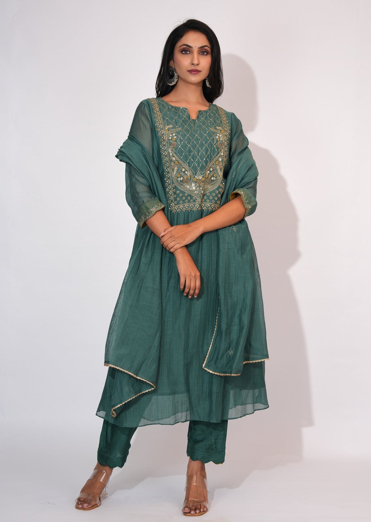 Dusty Green Mul Chanderi Anarkali suit