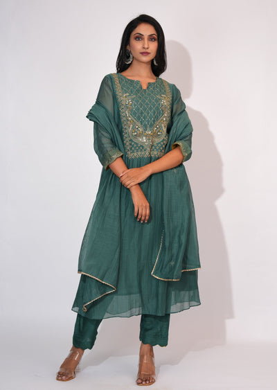Dusty Green Mul Chanderi Anarkali suit
