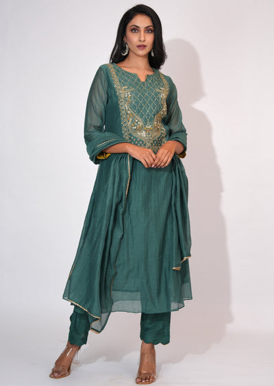 Dusty Green Mul Chanderi Anarkali suit