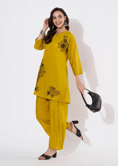 Mustard Russian Silk Straight cut Kurti set