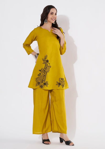 Mustard Russian Silk Straight cut Kurti set