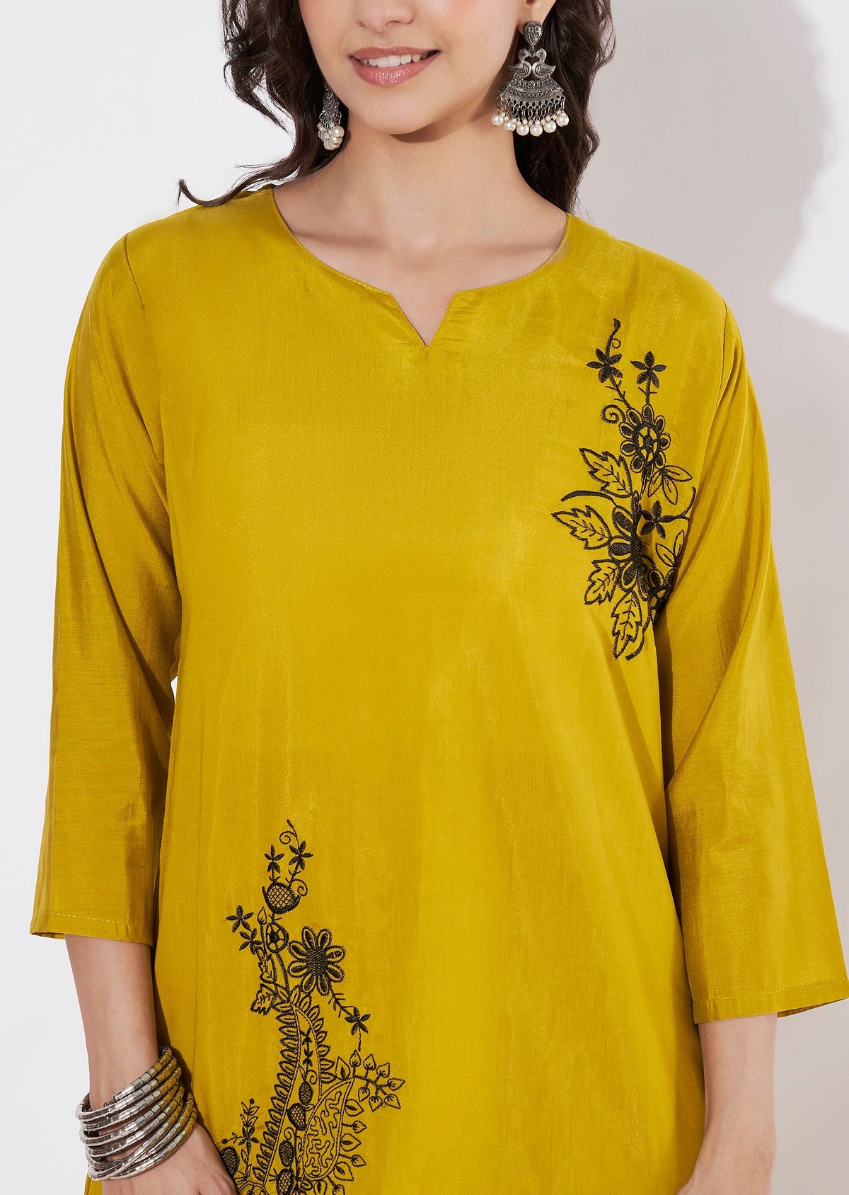 Mustard Russian Silk Straight cut Kurti set