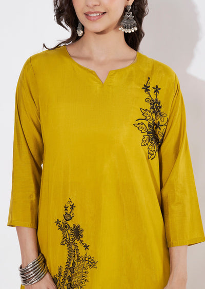 Mustard Russian Silk Straight cut Kurti set