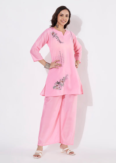 Baby Pink Russian Silk Straight cut Kurti set