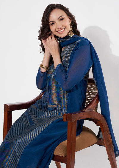 Teal Blue Tissue Straight cut suit