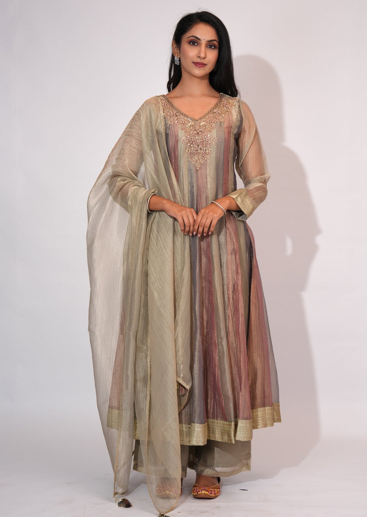 Brown Tissue Anarkali suit