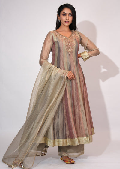 Brown Tissue Anarkali suit