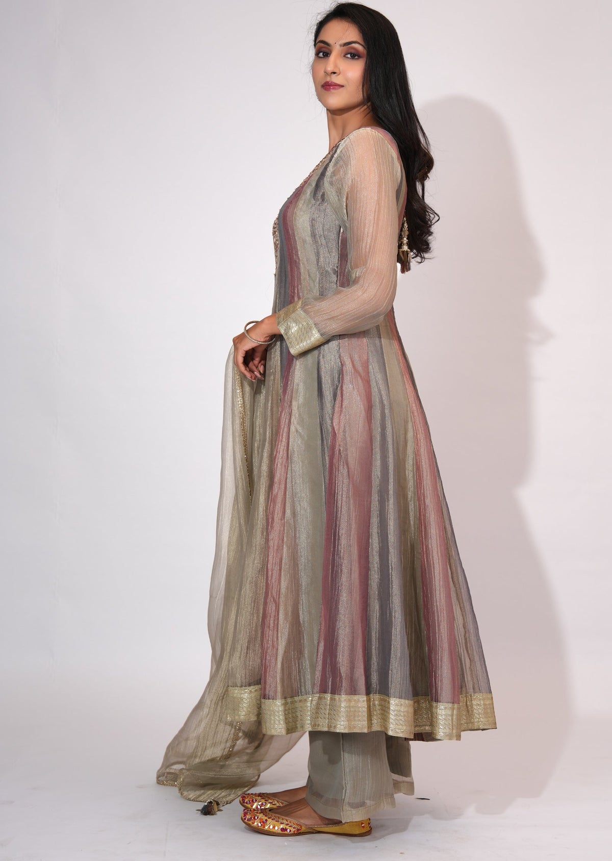 Brown Tissue Anarkali suit