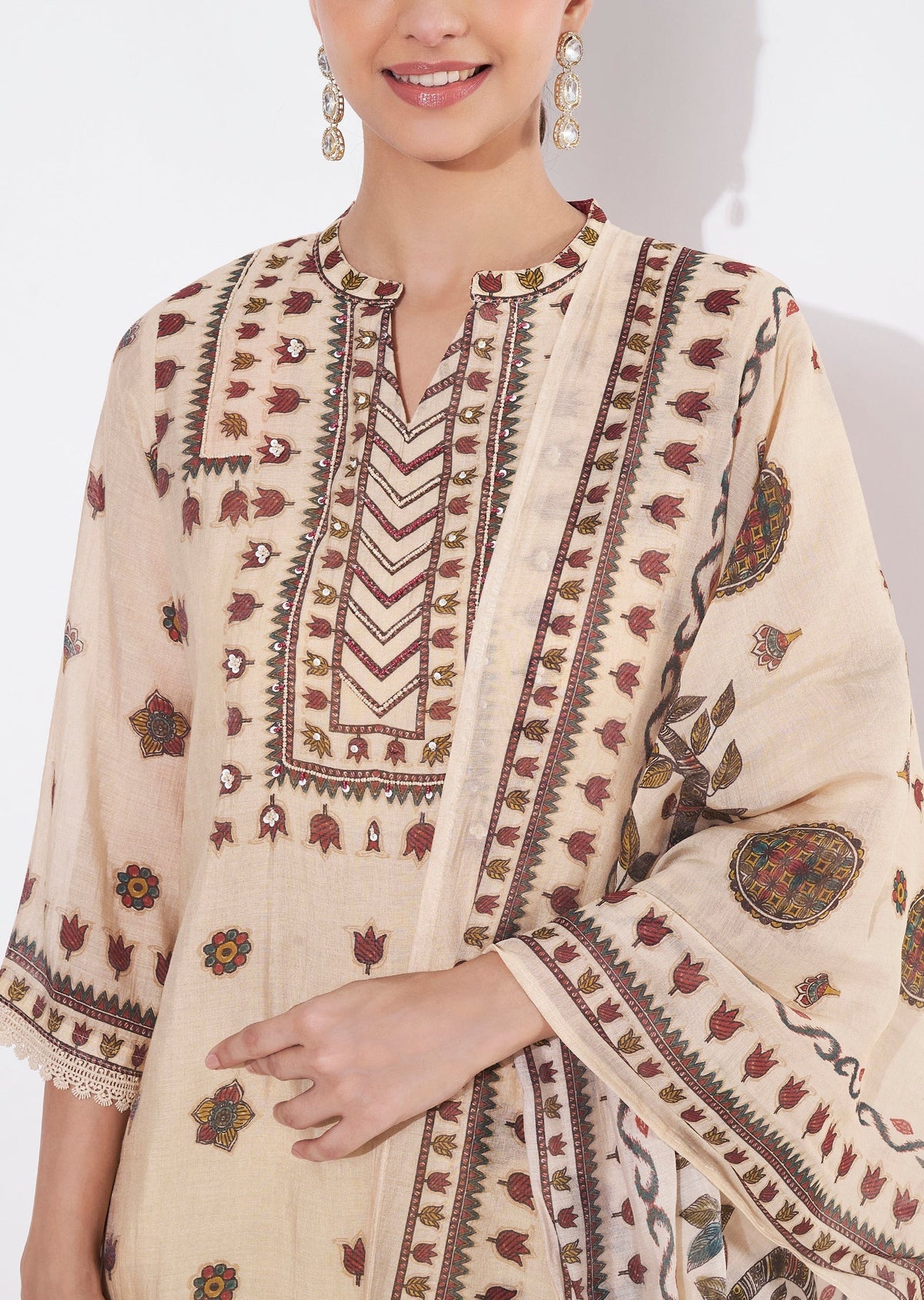 Beige Mul Chanderi Straight cut suit