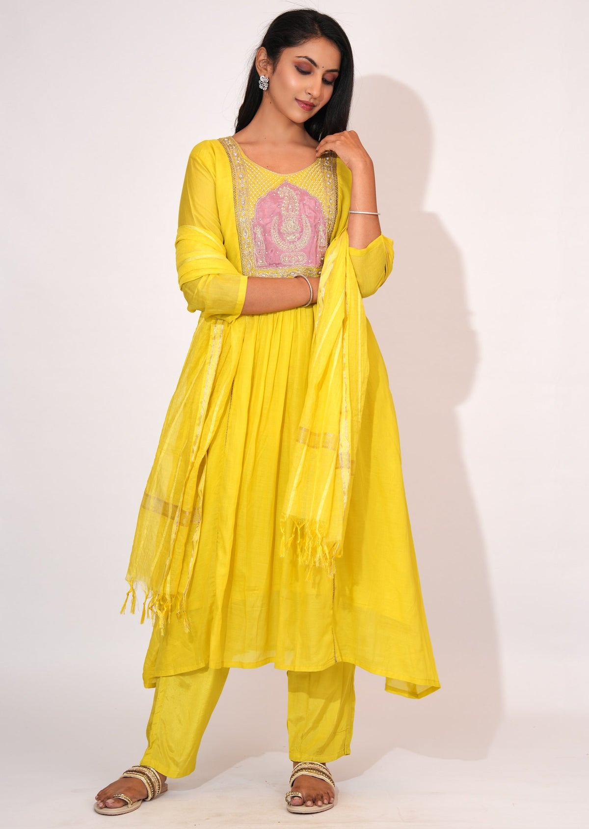 Yellow Mul Chanderi Anarkali suit