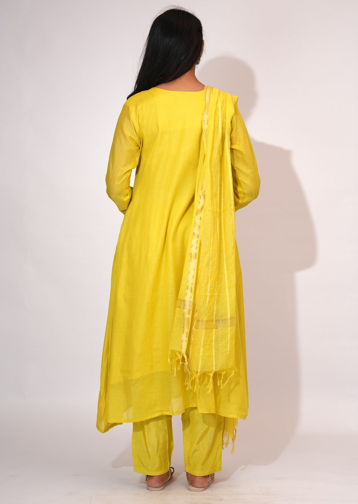 Yellow Mul Chanderi Anarkali suit