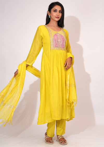 Yellow Mul Chanderi Anarkali suit