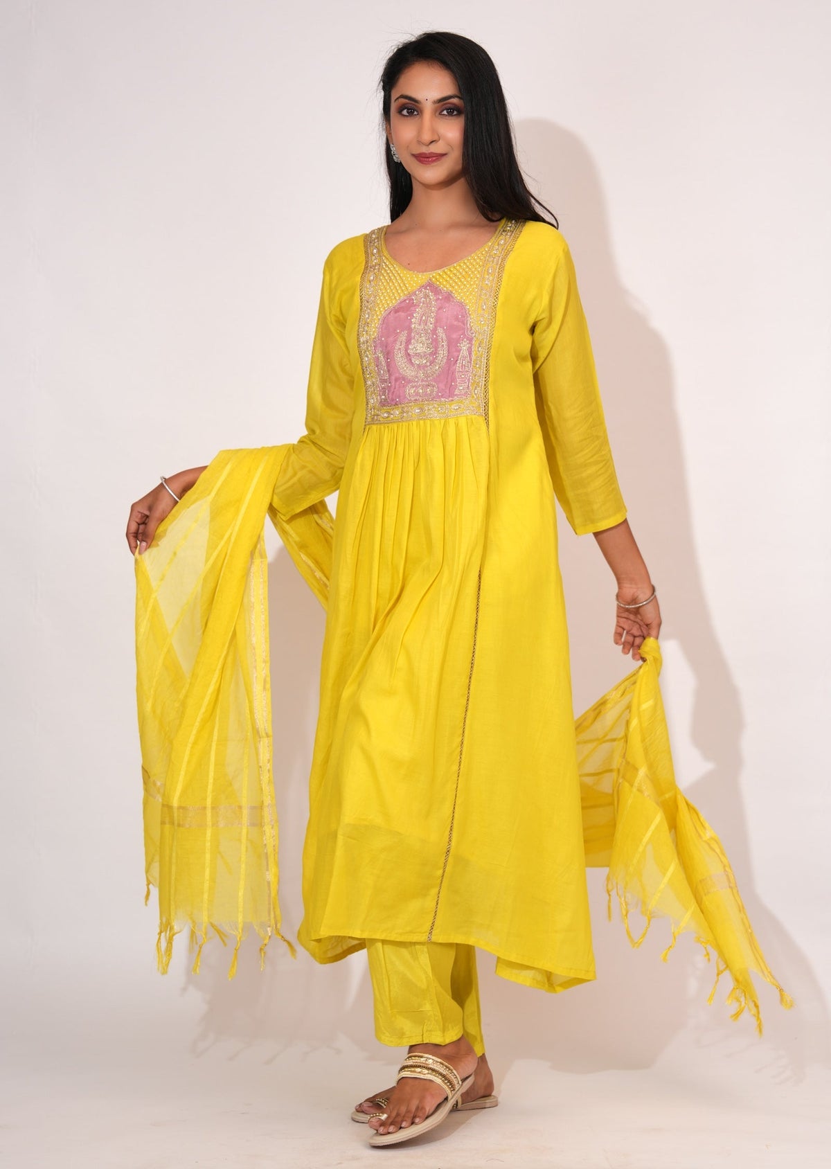Yellow Mul Chanderi Anarkali suit