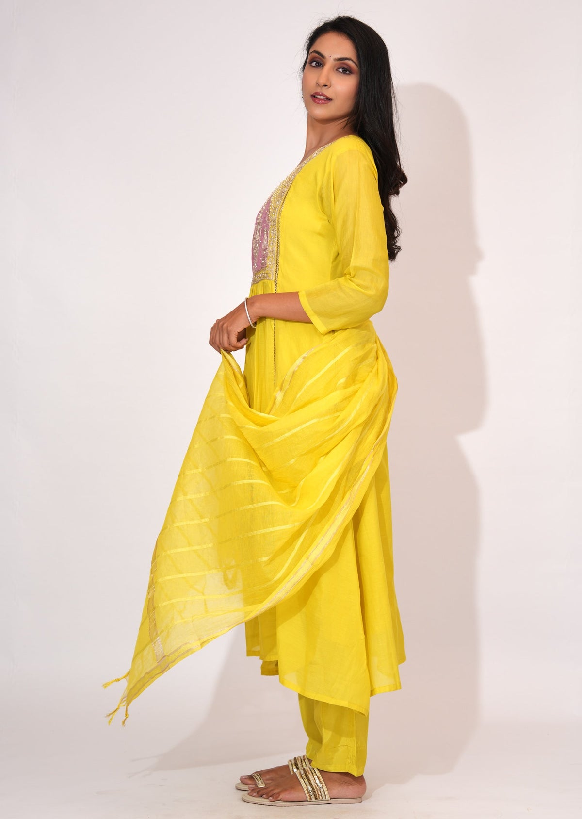 Yellow Mul Chanderi Anarkali suit