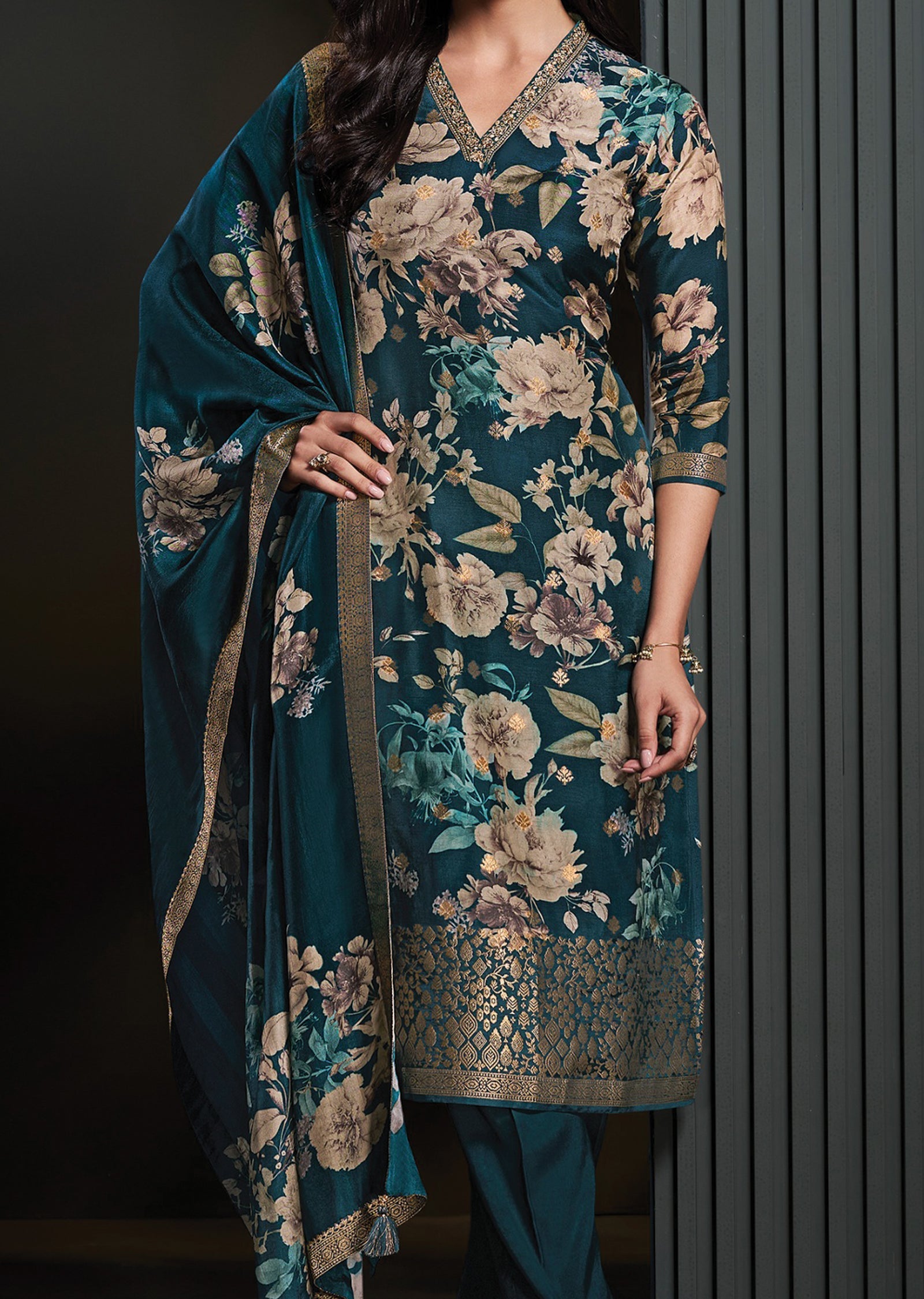 Teal Blue Silk Straight cut suit