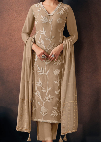 Beige Silk Straight cut suit