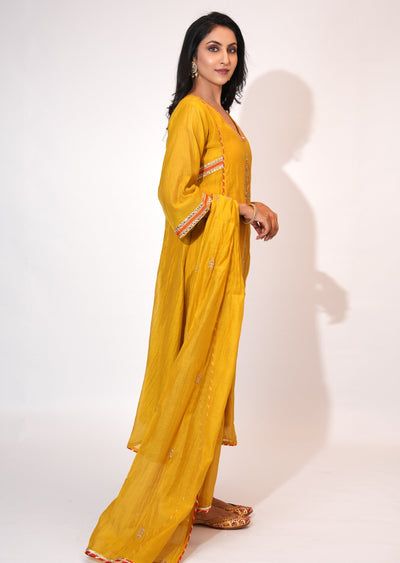 Yellow Mul Chanderi Anarkali suit