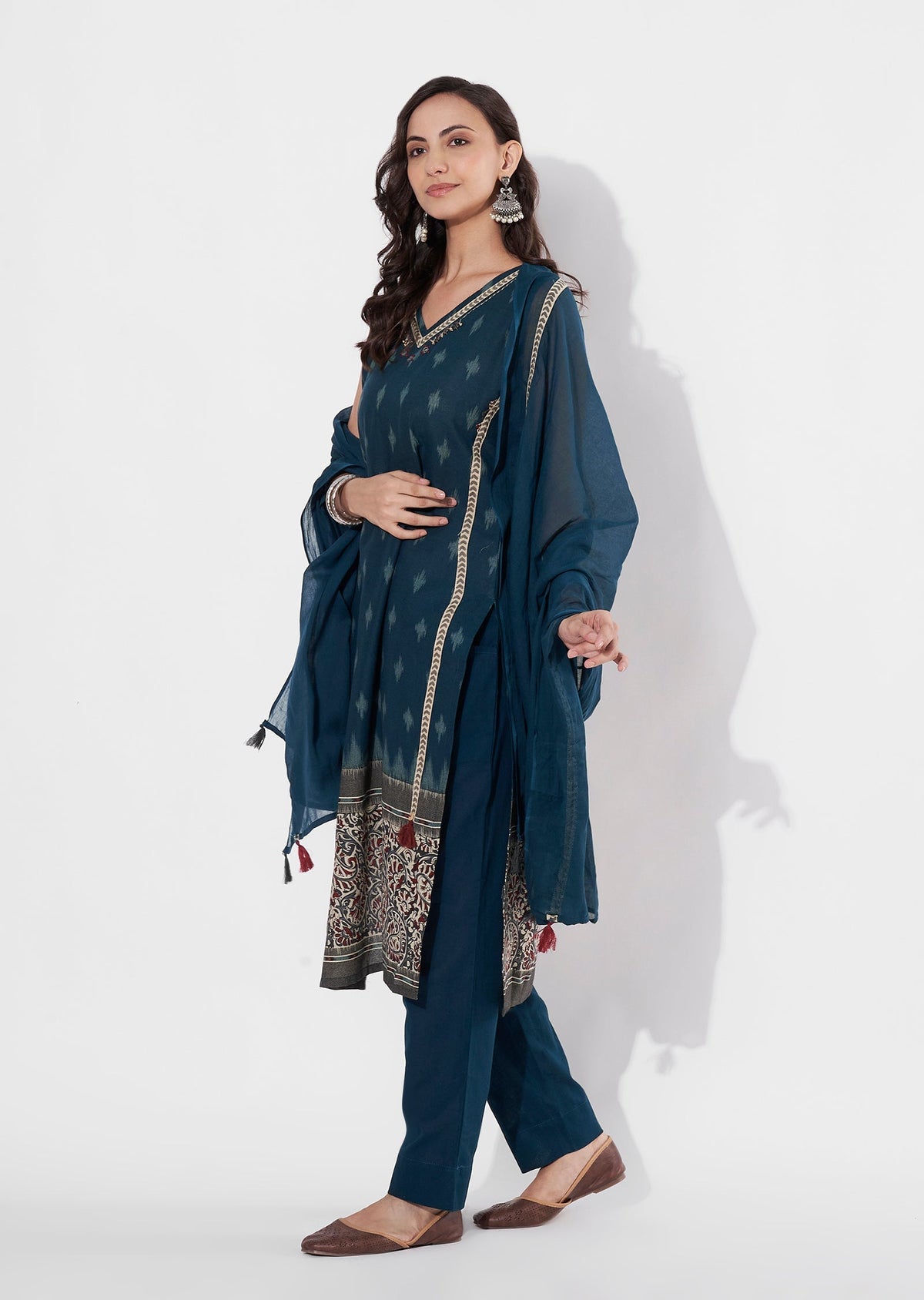 Teal Blue Cotton Straight cut suit