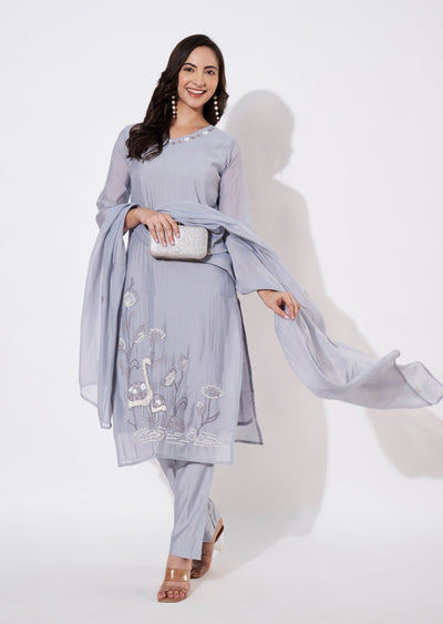 Dusty Blue Mul Chanderi Straight cut suit