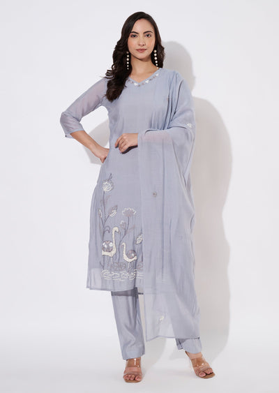 Dusty Blue Mul Chanderi Straight cut suit