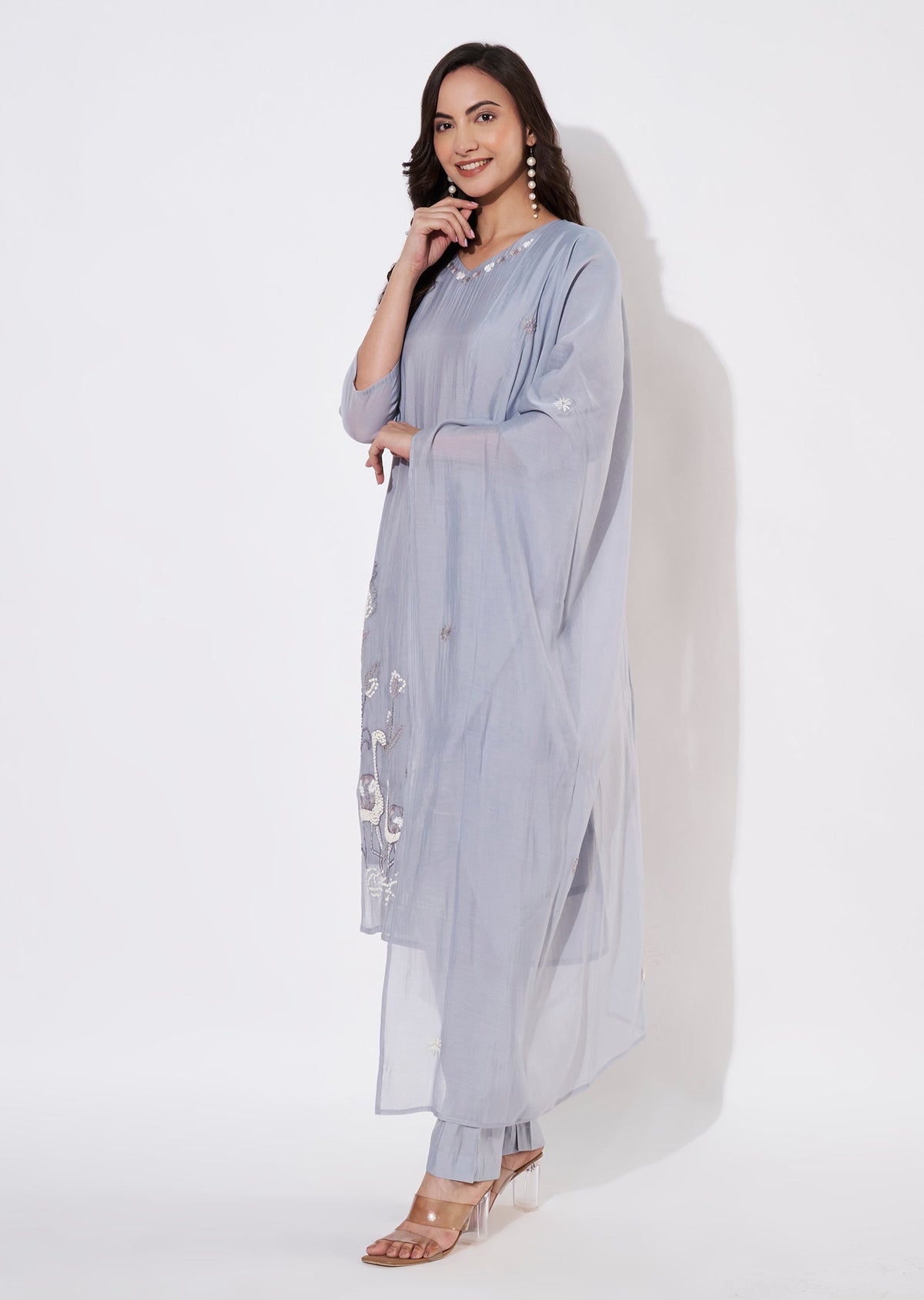 Dusty Blue Mul Chanderi Straight cut suit