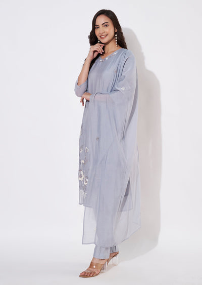 Dusty Blue Mul Chanderi Straight cut suit