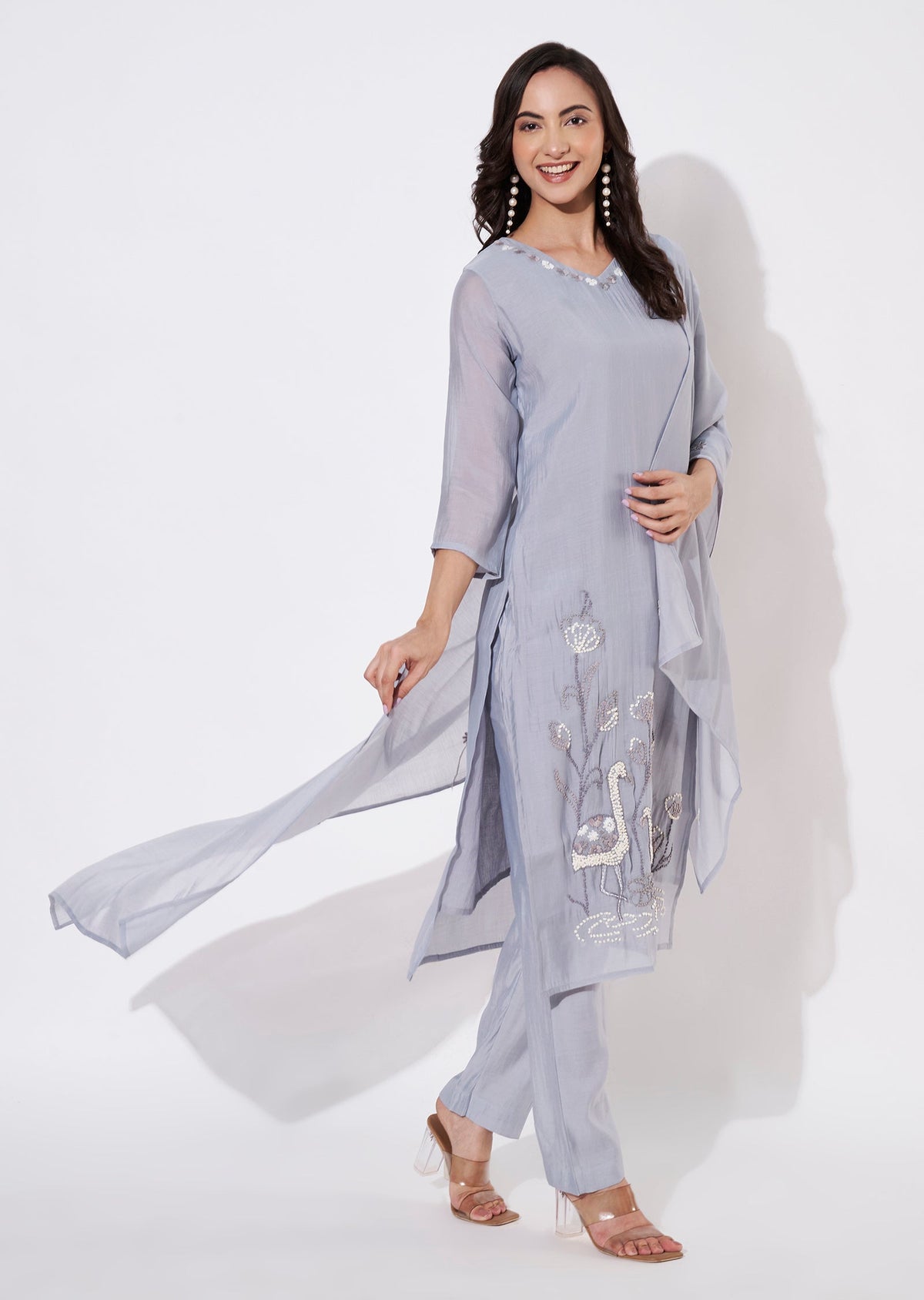 Dusty Blue Mul Chanderi Straight cut suit