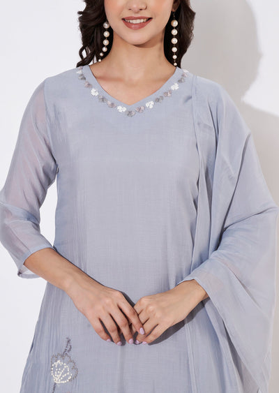 Dusty Blue Mul Chanderi Straight cut suit