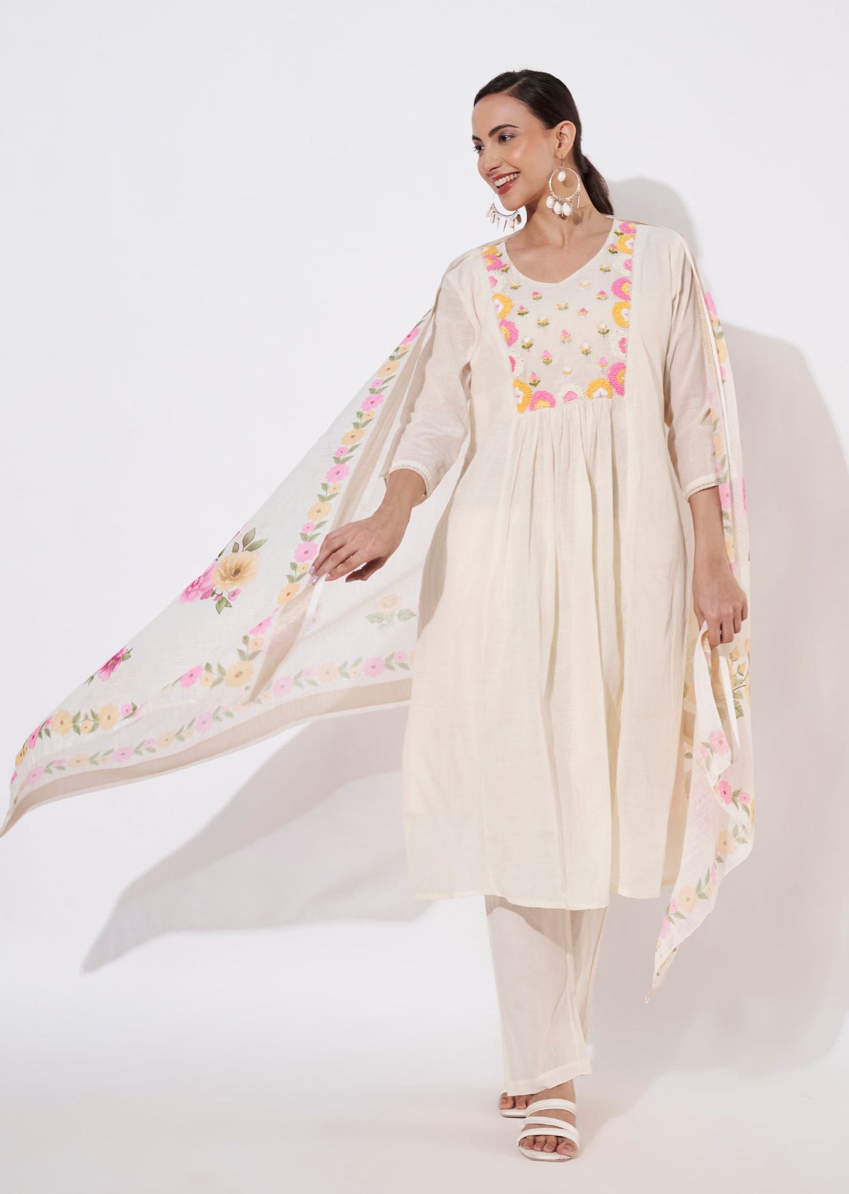 Cream Cotton Anarkali suit