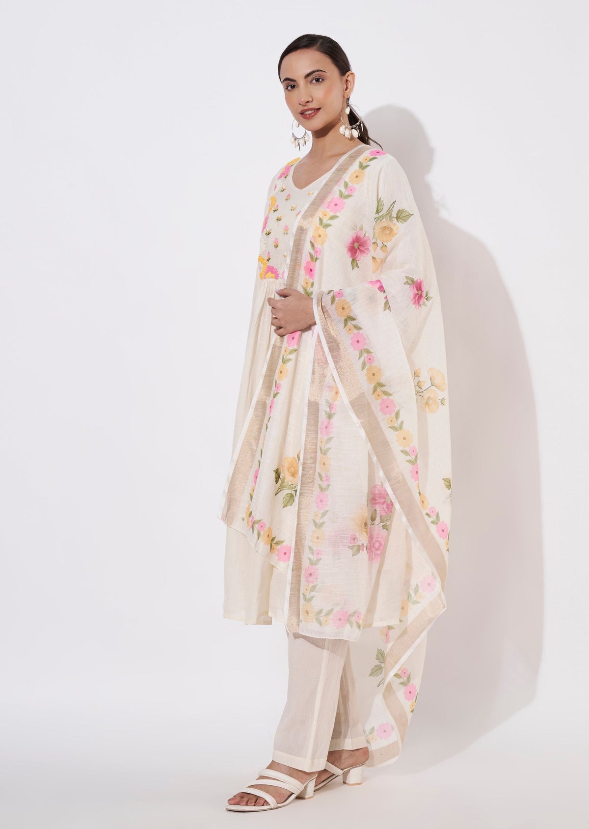 Cream Cotton Anarkali suit