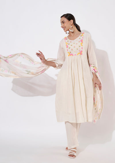 Cream Cotton Anarkali suit