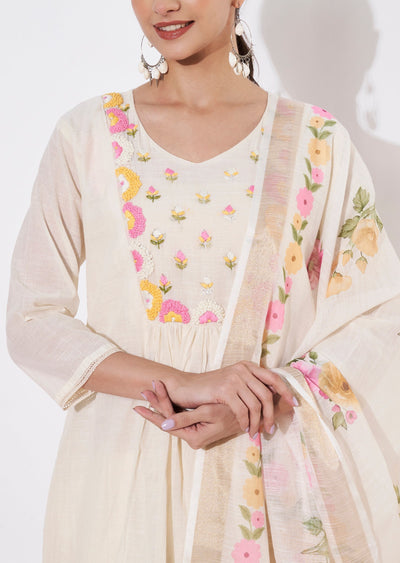 Cream Cotton Anarkali suit