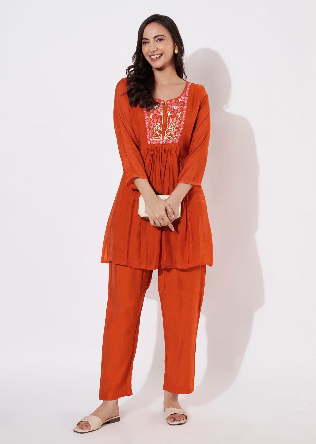 Dark Rust Muslin Short Kurti set